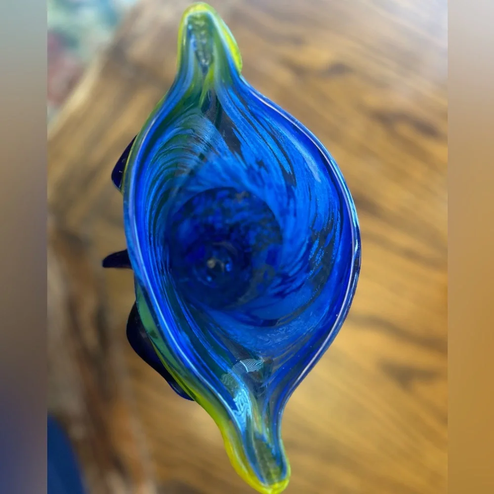 Vintage Murano Glass Hand Blown 12 Inch Tall Blue and Yellow Decorative Owl Vase
